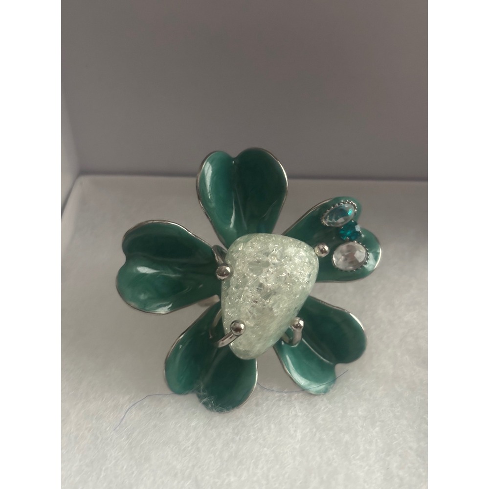Teal Enamel Flower Statement Ring Adjustable Silver Tone Crackle Glass stone